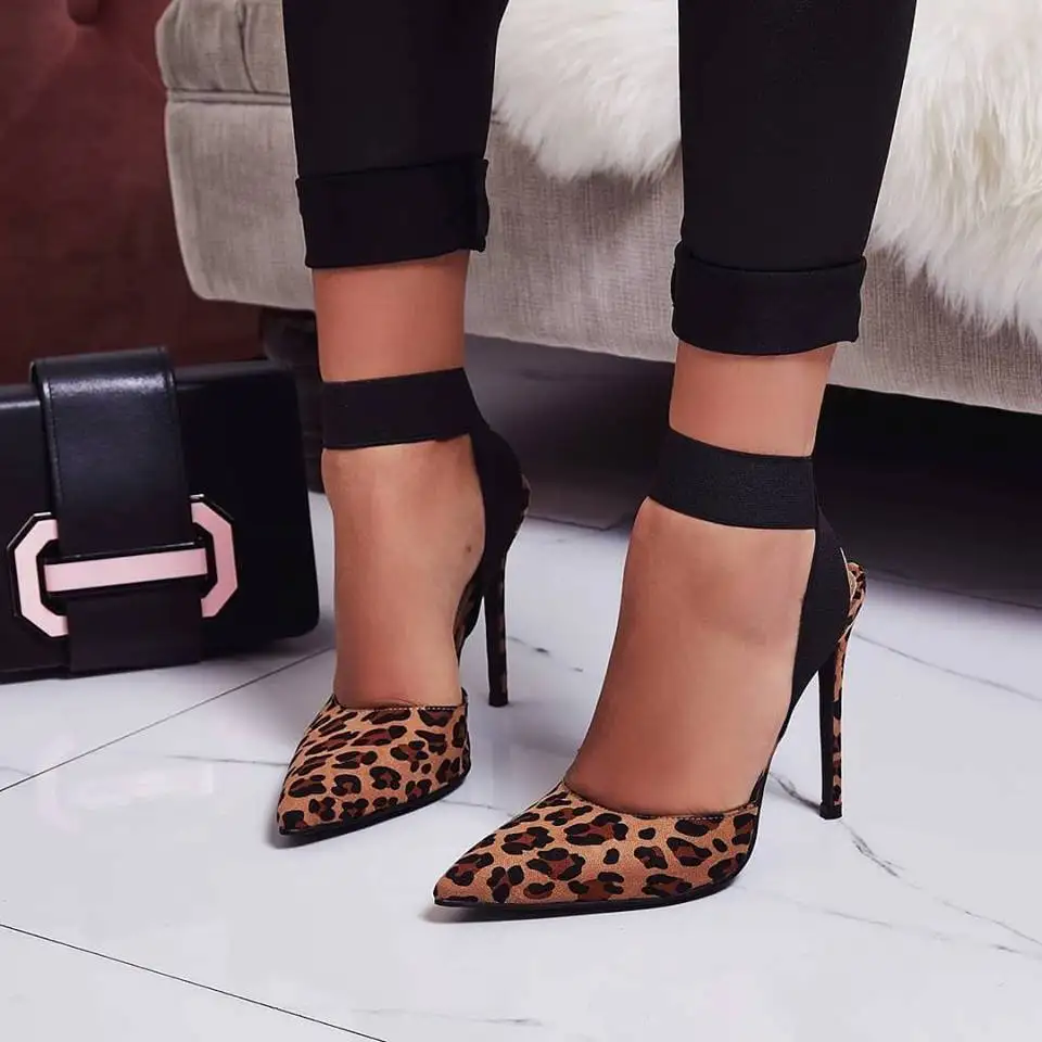Leopard Woman Sandals Black Elastic Band Ankle Strap High Heels Summer Sexy  Pumps Stiletto Thin Heel Female Party Single Shoes - Women's Sandals -  AliExpress