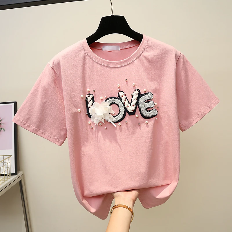 

MUMUZI Graphic Tees Women Beading Summer New Fashion Women's Flower Patches Loose Harajuku Short Sleeve O-neck T-Shirt tops