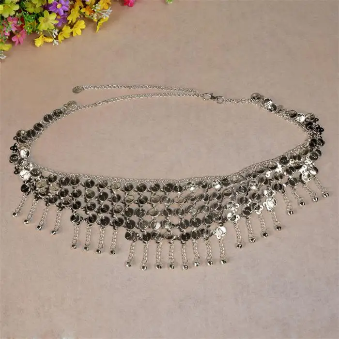 Cheap  Beaded  Waist Golden Silver Gypsy Tribal Belt  Belly Dance Metal Hip Scarf Belly Dance Coins Belt With Jingle  (2)