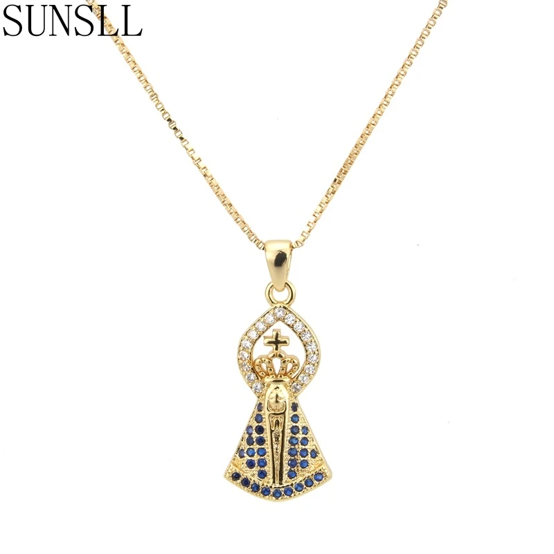 

SUNSLL New Designed Hot Selling Golden Cooper Blue Cubic Zirconia Unique Trendy Pendant Necklace for Women Jewelry Gift Colar