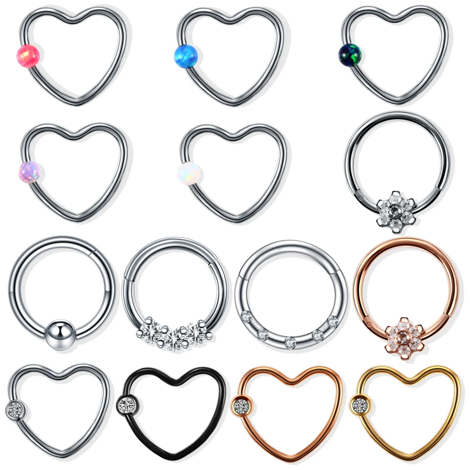 H-S, 1 шт., стальные пирсинг в виде сердца Daith, шарнирная носовая перегородка, кольцо-кликер, CZ, опал, ушной хрящ, трагус, пирсинг для губ, сексуальные женские ювелирные изделия