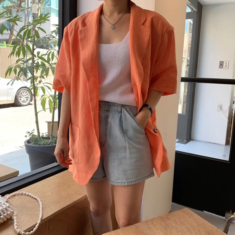 

HziriP Blazer Mujer 2019 Single Breasted Office Ladies Jacket Short Sleeve Linen Sunshine Candy Orange Suit Coat Women Blazers
