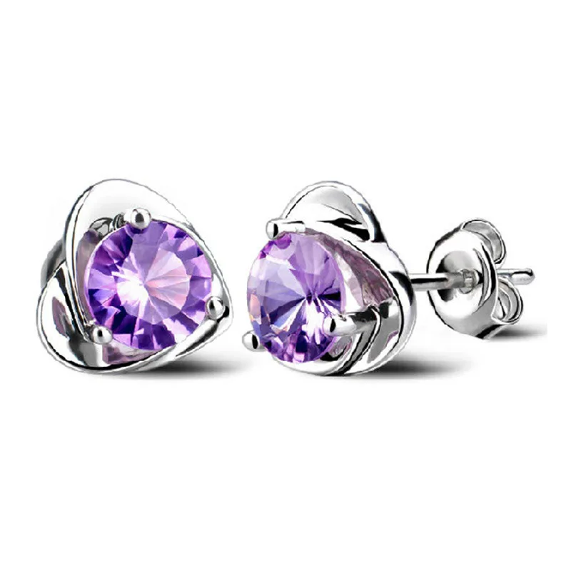 

100% 925 sterling silver romantic love heart purple crystal ladies`stud earrings jewelry wholesale Anti allergy drop shipping