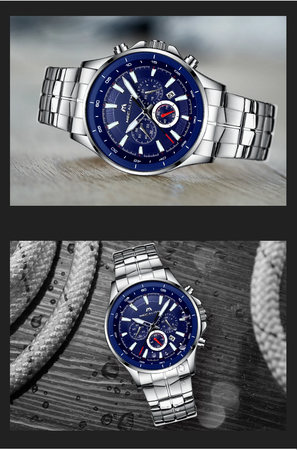 Модные мужские часы MEGALITH, водонепроницаемые, с хронографом, календарем, бизнес-спортивные часы, классические, из нержавеющей стали, мужские наручные часы