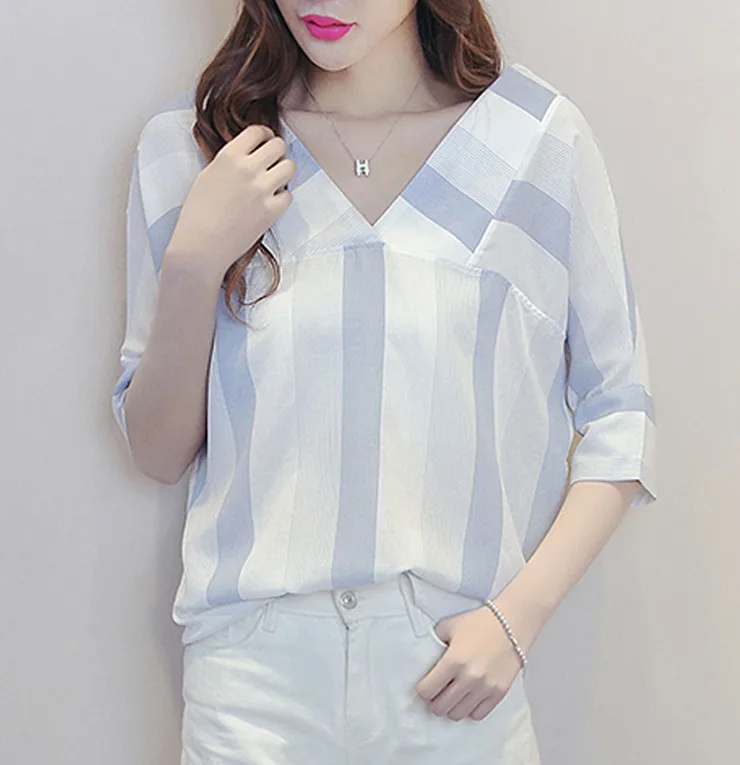 New Striped Blouses Women Shirts Ladies 2018 Summer Half Sleeve Womens Tops And Blouses V-neck Cotton Linen Blusas Femininas  (6)