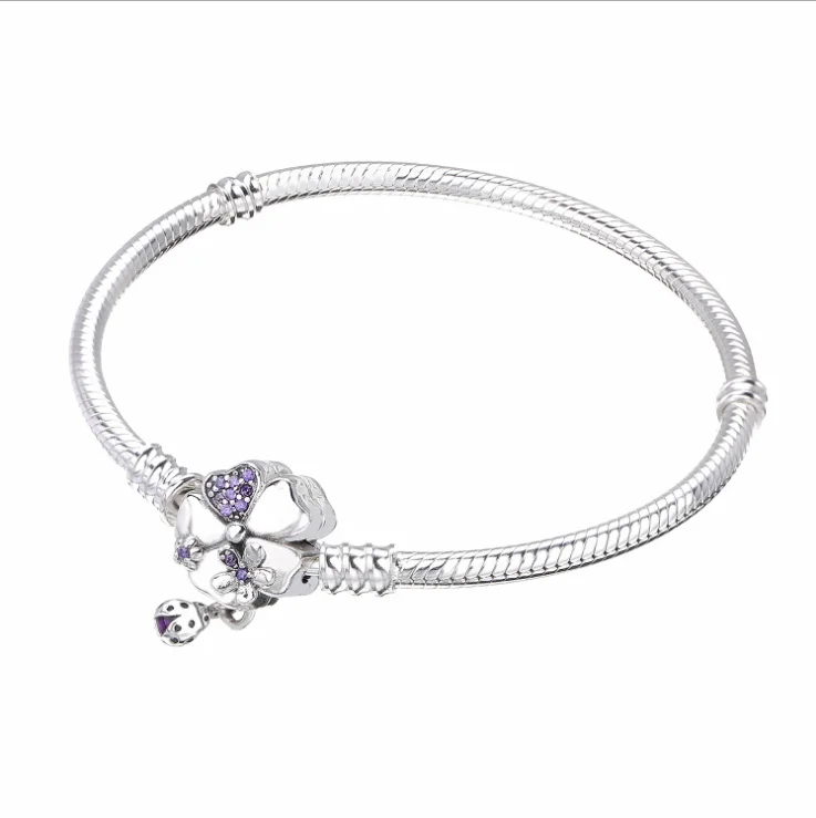 

2018 New 100% 925 Silver purple Moments SILVER BRACELET WITH WILDFLOWER MEADOW Clasp For Women Charm Bracelets panqiou jewelry