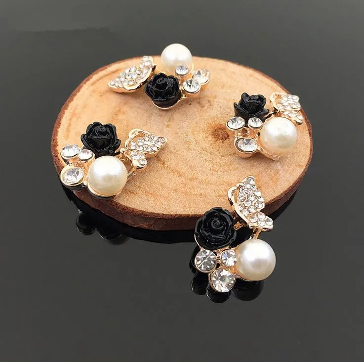 

10pcs/lot 18*22mm gold black rose flower pearl rhinestone Embellishment Hair decoration accessories