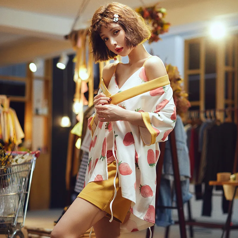 

SP&CITY Cartoon Print Three-Piece Pajama Set Sweet Strawberry Girls Top Spaghetti Strap Coat Cream Yellow Side Soft Nightwear