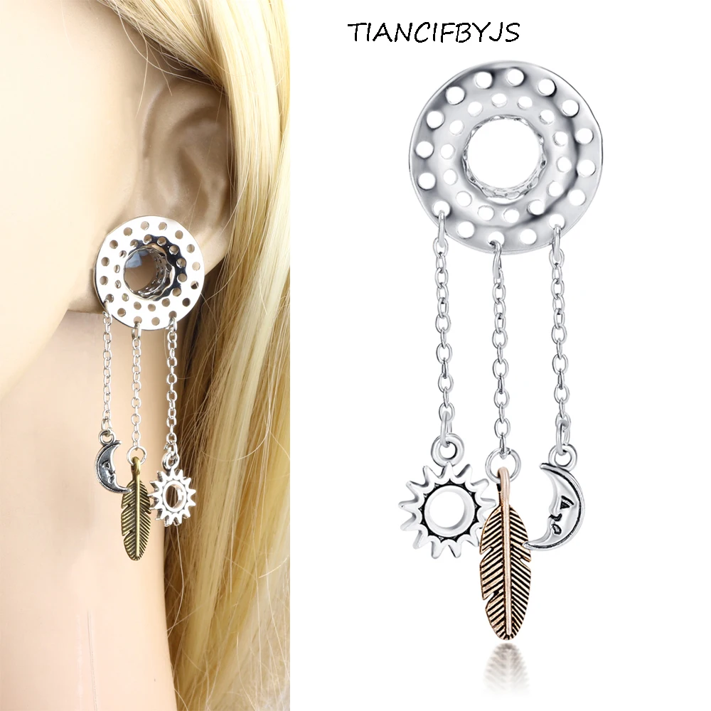 Tiancifbyjs Dangle Ear Tunnels Gauges Stainless Steel Piercing Pendant