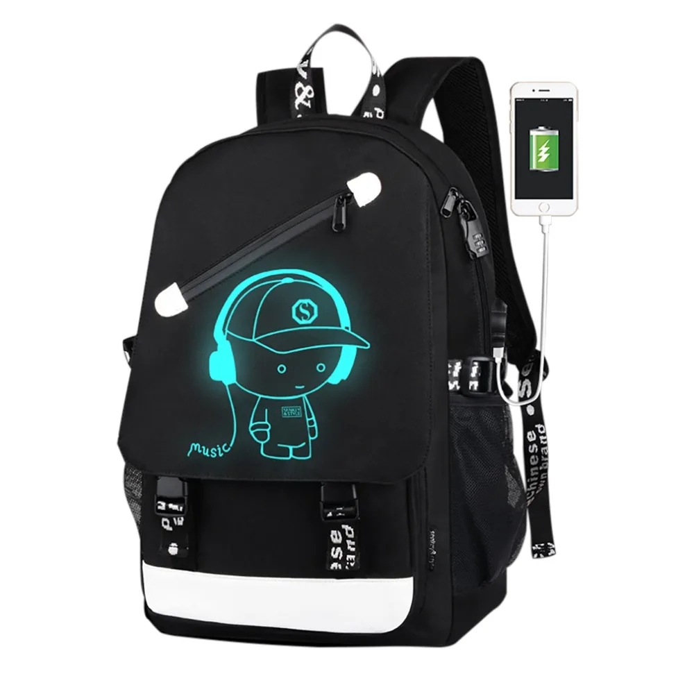 

18inch USB Charge Music Boy Pattern Luminous Backpack Waterproof Nylon Satchel School Bag For Teenagers