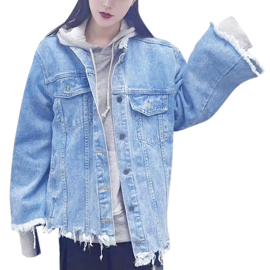 

FREE OSTRICH 2019 spring new women's denim jacket retro washed bomber jacket blue torn distressed denim jacket casual