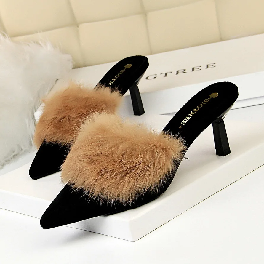 

women shoes high heels pumps basic mules fashion fur Women slippers thin heel pointed rabbit hair sandals Casual Pointed Toe