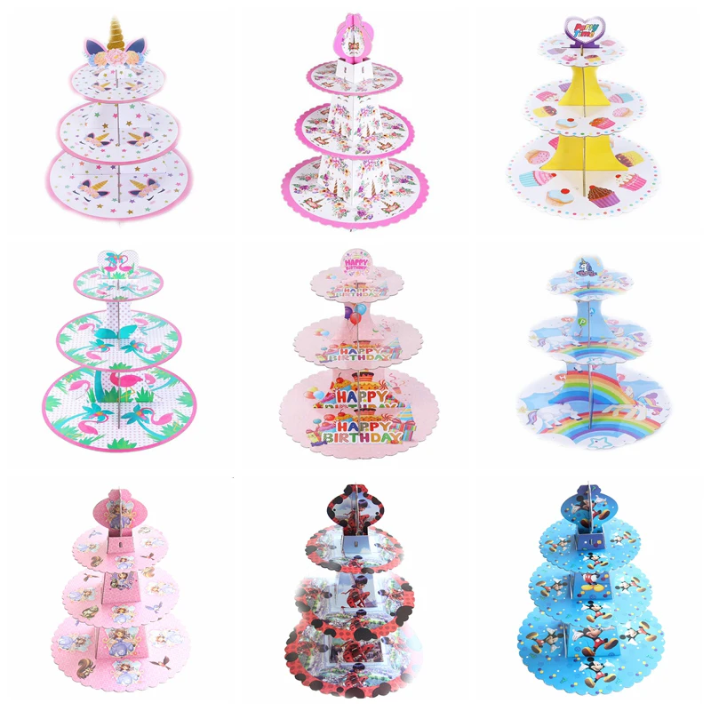 

1set Mickey/Princess/Unicorn Cupcake Holder Kids Birthday Party Cardboard 3-tier Cupcake Stand Hold 24 Cupcakes