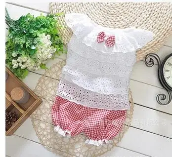 

Female baby 2 sets in the summer of children's wear 1-2 year old girl checked suit bowknot white blouse