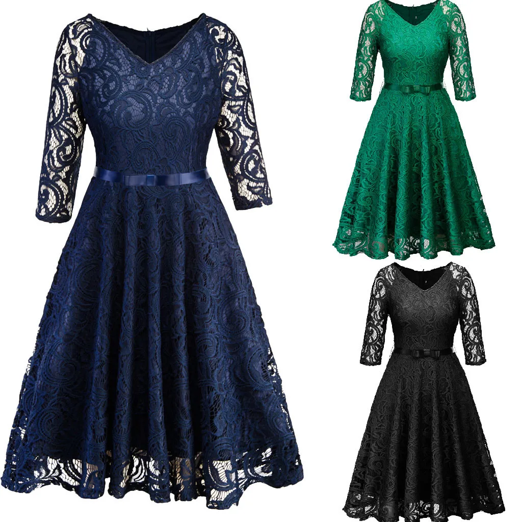 

2019 Top Fashion wear Women Lace Half Sleeve dresses retro Prom Party Ballgown dress fairy Fancy blue green Dress vestiti donna