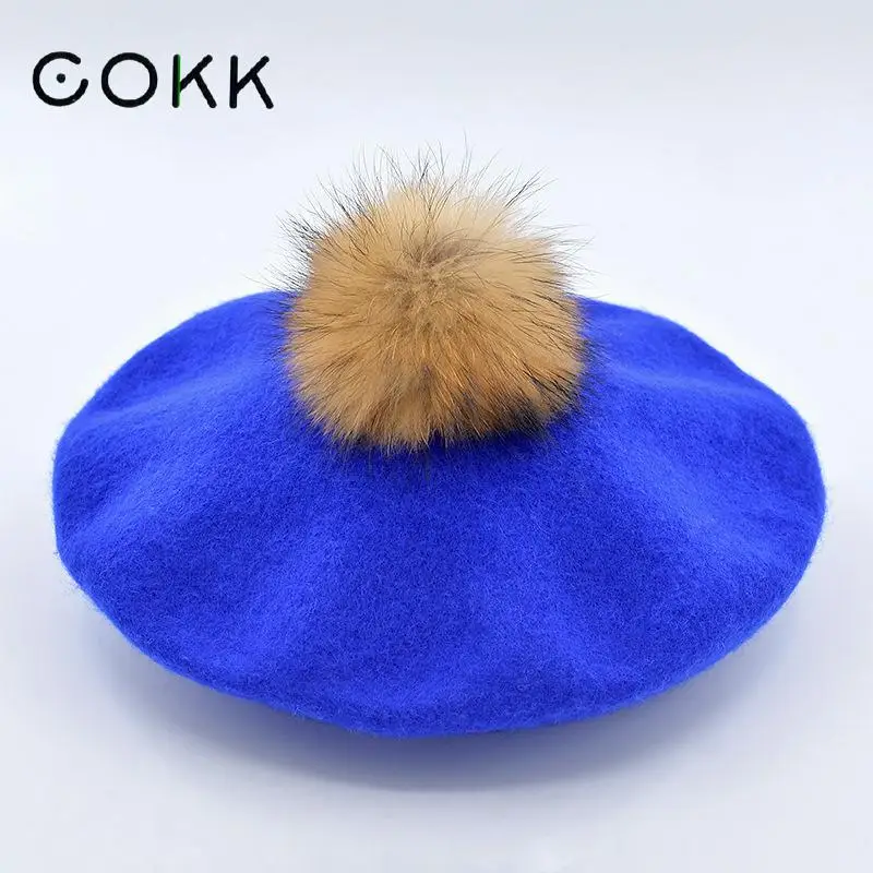 Женские зимние шапки COKK мягкие теплые береты с помпоном из натурального меха