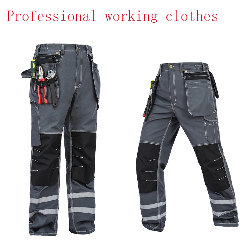 2018 Working Pants Reflective Strip Multi pockets Work Trousers With Knee Pads Wear resistance