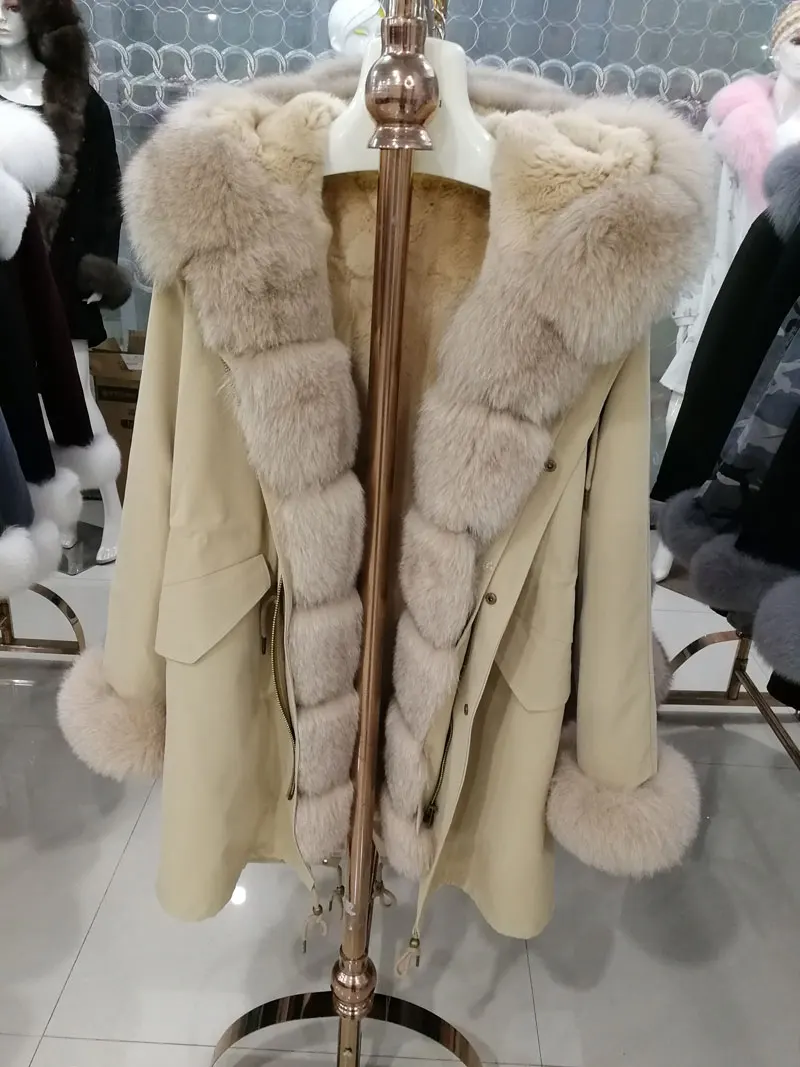 

Fox fur Parka New Style Fashion Multi Real Fur Inside Army Green Coat Women Winter Thick Warm Large