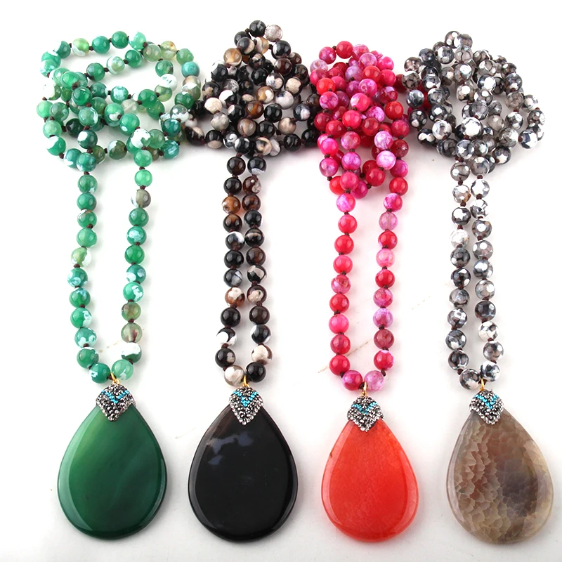 

Fashion Bohemian Jewelry Natural Stones Knotted Drop Stone Necklaces For Women Ethnic Necklace
