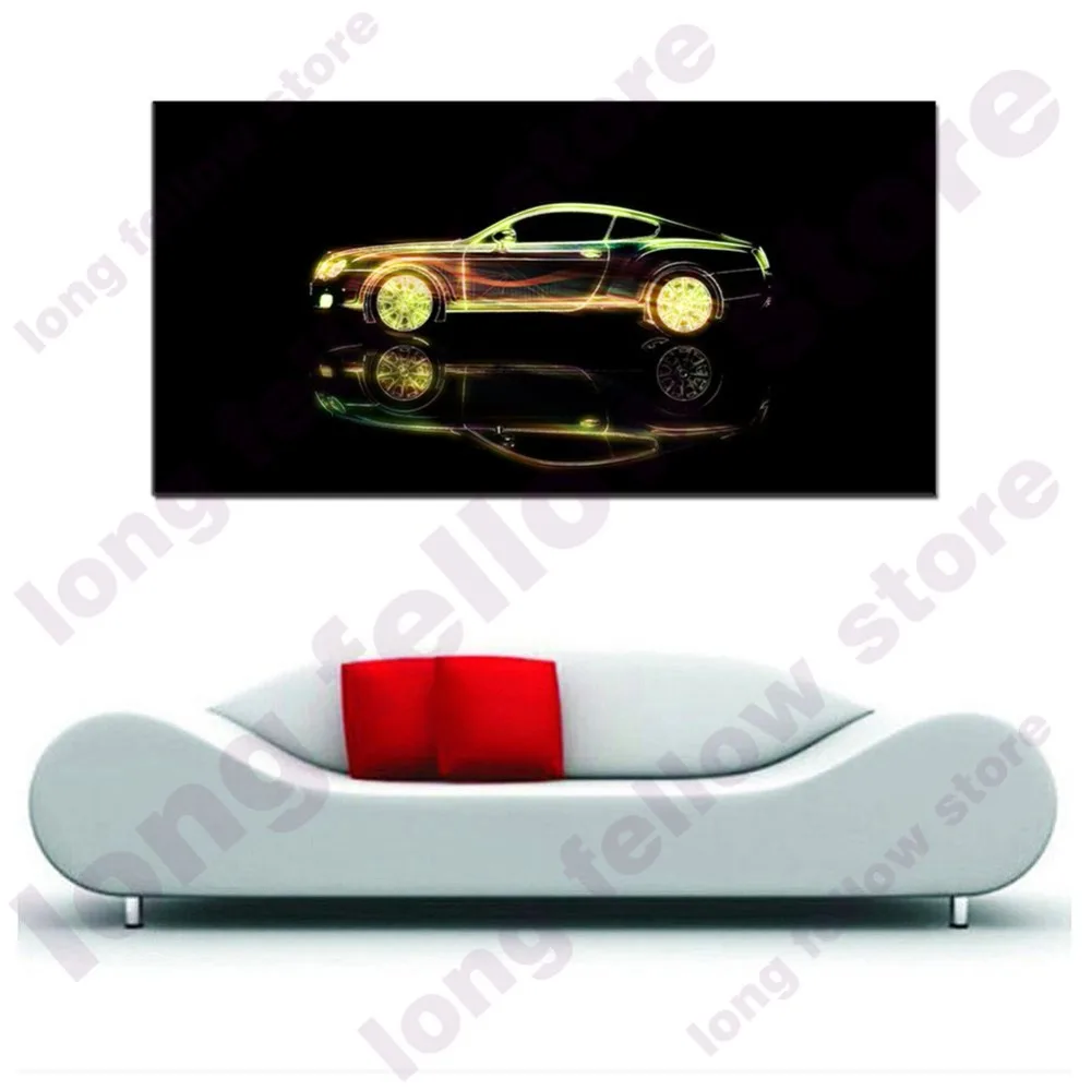 Large Posters and Prints Golden Sports Car Cartoon Picture for Bedroom Office Wall Decor Abstract Artwork Wall Art Home Decor