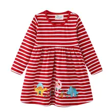 Cute Dinosaur Appliques Striped Baby Girls Dresses Children Vestidos Autumn Long Sleeve Cotton Dress for Kids