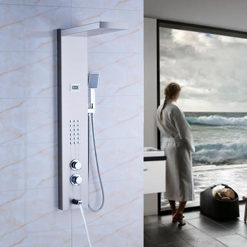 

Promotion Bathroom Shower Panel $ Column Brushed Nickel Thermostatic Shower Mixer Faucet