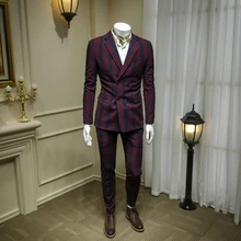 XM GEEKI, мужской повседневный костюм, куртки, весенние блейзеры, облегающие мужские костюмы из двух предметов, мужской двубортный костюм в красную клетку, 365wt38