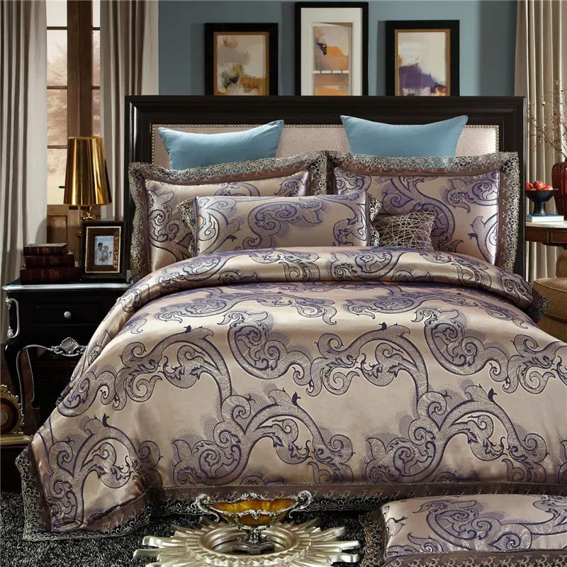 

Lace edge stain jacquard cotton bedding sets silver color luxury noble bedclothes 4pcs soft queen king size duvet coverbed sheet