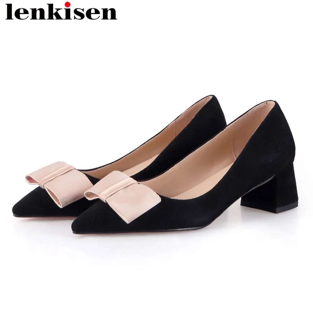 

Lenkisen natural leather chunky heels butterfly-knot decoration pointed toe European designer sweety girls fashion pumps L22