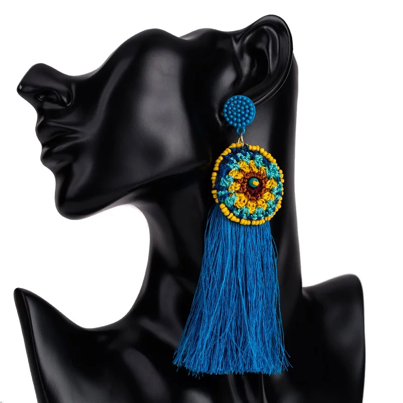 Этническое винтажное желтое длинное кольцо с кисточкой, серьги макси, хлопок, шерсть, шелк, нить Bohe, большой цветок, бусы, серьги для женщин, ювелирное изделие - Окраска металла: blue