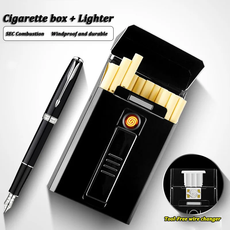  The latest Metal windproof lighter USB charging Electronic lighter Charging cigarette box Can hold 