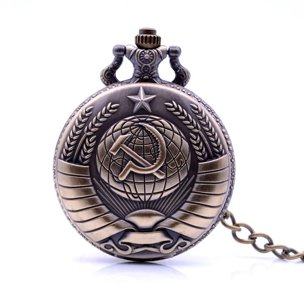 Vintage Bronze Black Soviet Union Symbol Sickle and Hoe Shape Quartz Pocket Watch With Necklace Chain Best Gift | Наручные часы