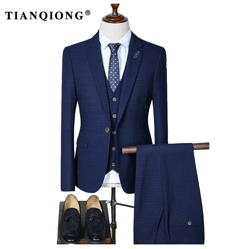 TIAN QIONG мужские клетчатые приталенные свадебные костюмы для мужчин брендовый деловой строгий костюм черный, серый, темно-синий, винный красный(блейзеры+ жилет+ брюки