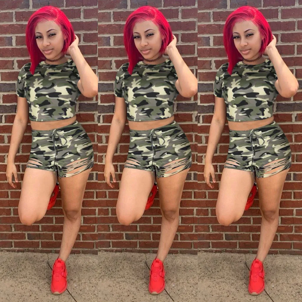 

Women's Shorts Camouflage Army green Breathable Comfort Short Sleeve Sportwear T-Shirt Sleepwear Nightwear Set Casual Outfit