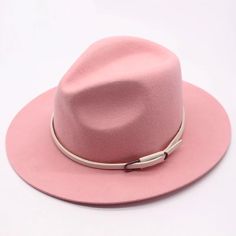QPALCR Высококачественная шерстяная фетровая шляпа классический пояс с широкими полями джазовые шапки для мужчин и женщин шерстяные фетровые шляпы осень-зима шляпы для похода в церковь - Цвет: Розовый