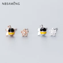 NBSAMENG стерлингового серебра 925 Серьги крошечные Асимметричные пчелиные цветы прозрачные CZ серьги гвоздики для женщин Девушка ювелирные изделия подарок