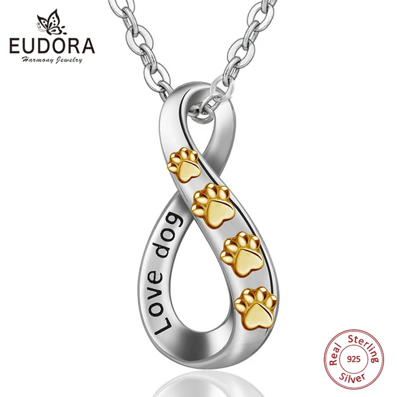 

Eudora 925 Sterling Silver lovely Cat Footprint LOVE dog Pendant Necklaces Women Fine Jewelry For Girl Boy Christmas gift YD215