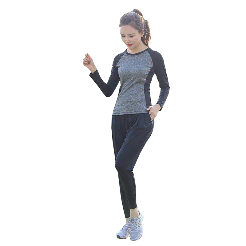 

2019 Yoga Set Fitness Clothing Patchwork Women Gym Sets 2 Piece Workout Clothing Long Sleeve Tops Exercise Running Sportwear