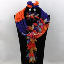 Синий/оранжевый нигерийские женские вечерние африканская бижутерия набор 4 ряда свадебные хрустальные бусины свадебное ожерелье набор большой цветок AIJ739