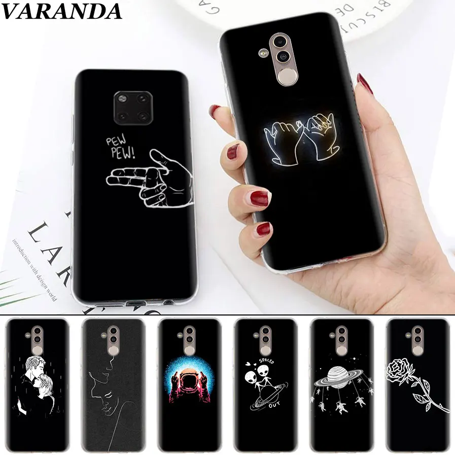 

Art White Line Kiss Love Heart Flower Ros Soft Cases for Huawei Mate 10 20 Pro Mate 20 Lite P20 P30 Lite P Smart Plus Case Coque