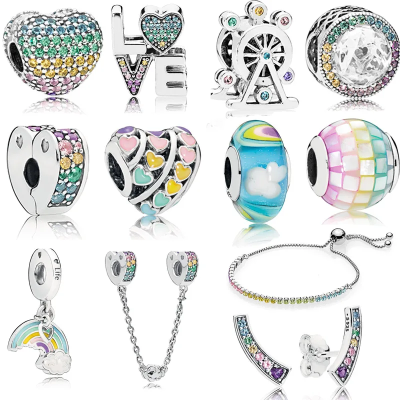 

Authentic 925 Sterling Silver Bead Multi-Color Rainbow Clip Charm Clear CZ Fit Original Pandora Bracelet Bangle Gift DIY Jewelry