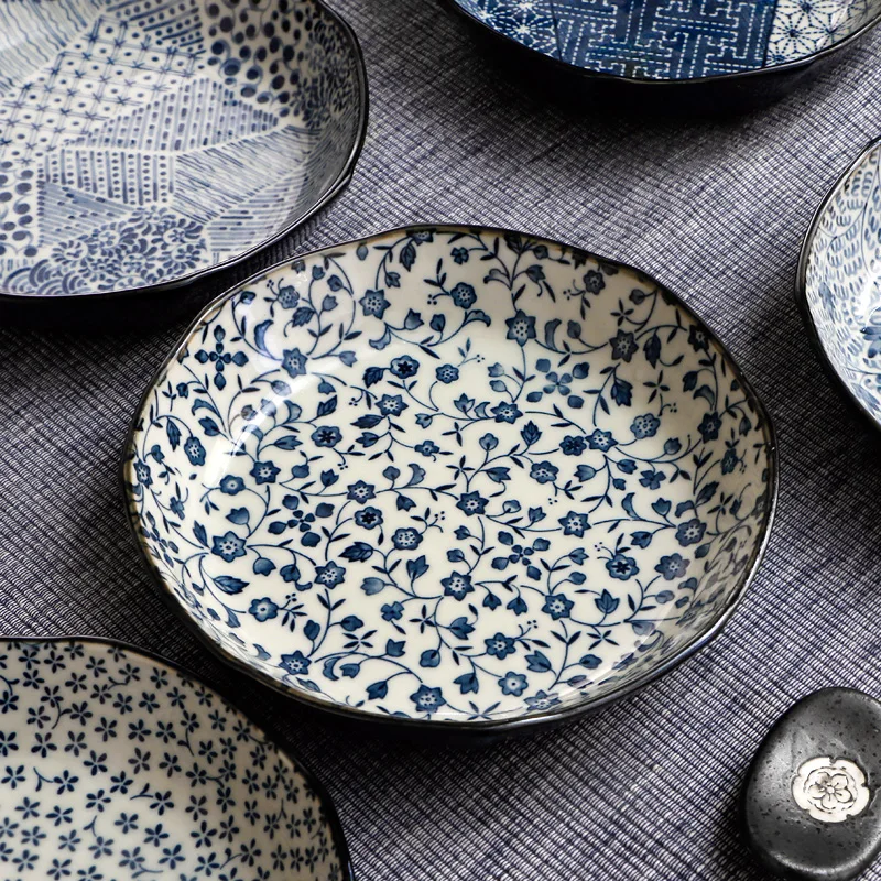 

6.2 inch Japanese Ceramic Tableware Underglaze Blue and White Porcelain Dinner Plate Home Steak Dish Restaurant Snack Sushi Tray