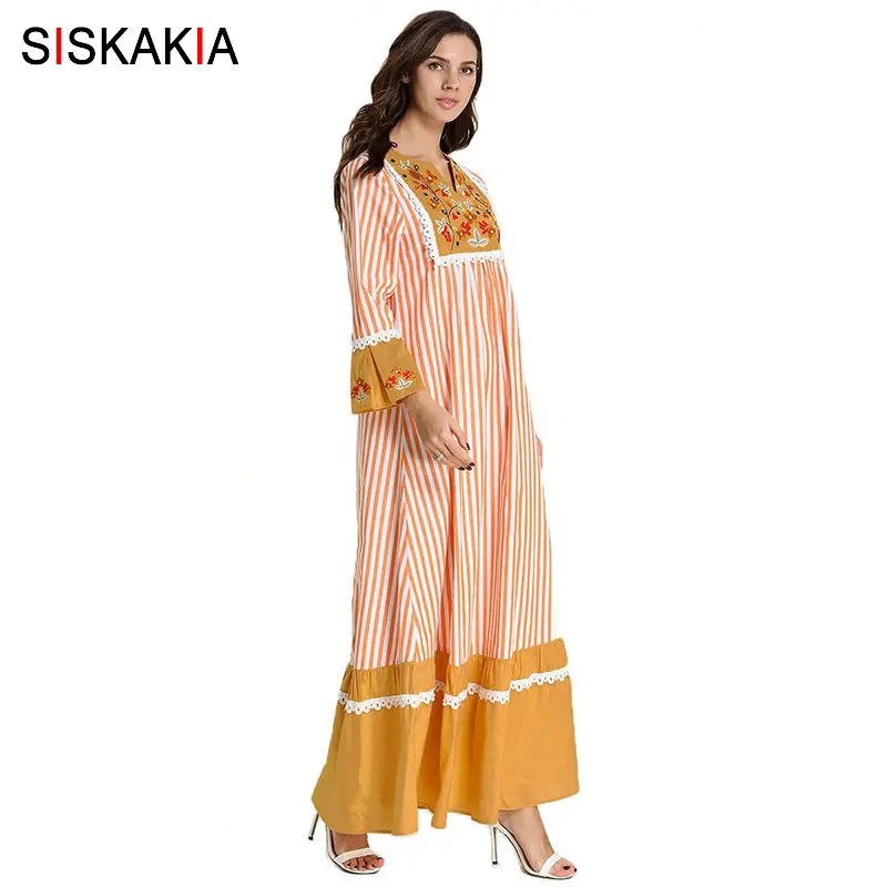 Siskakia/этническое длинное платье в полоску с вышивкой, повседневные платья макси с цветными блоками, платья с длинным рукавом размера плюс, женская одежда оранжевого цвета