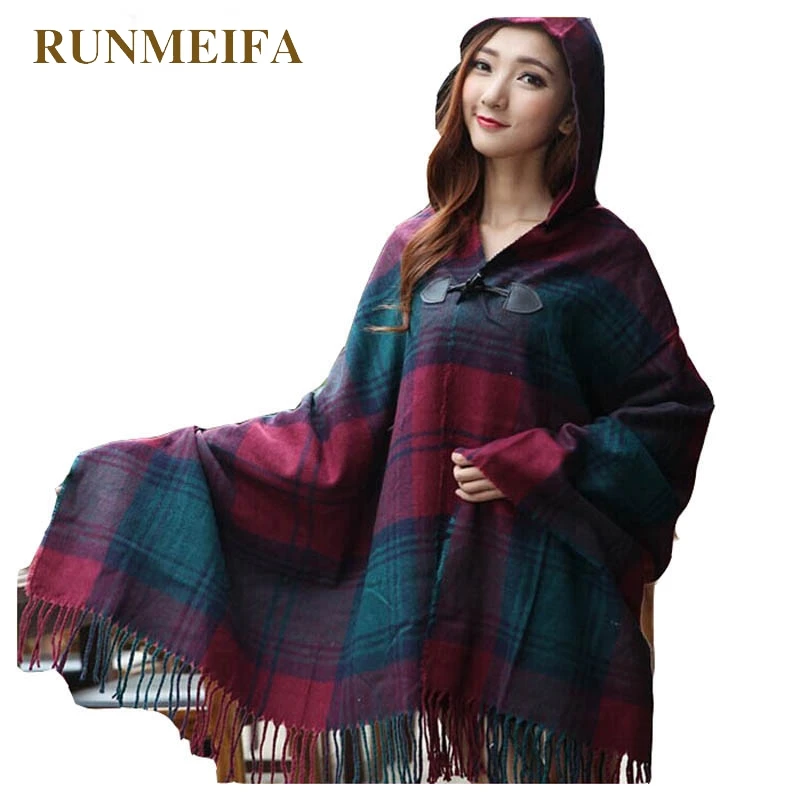 

[RUNMEIFA] 2019 Autumn Winter Woman Cloak Hood Tops Female Stole Thick Ethnic Plaid Jacquard Hooded Cape Pashmina Scarves Shawls