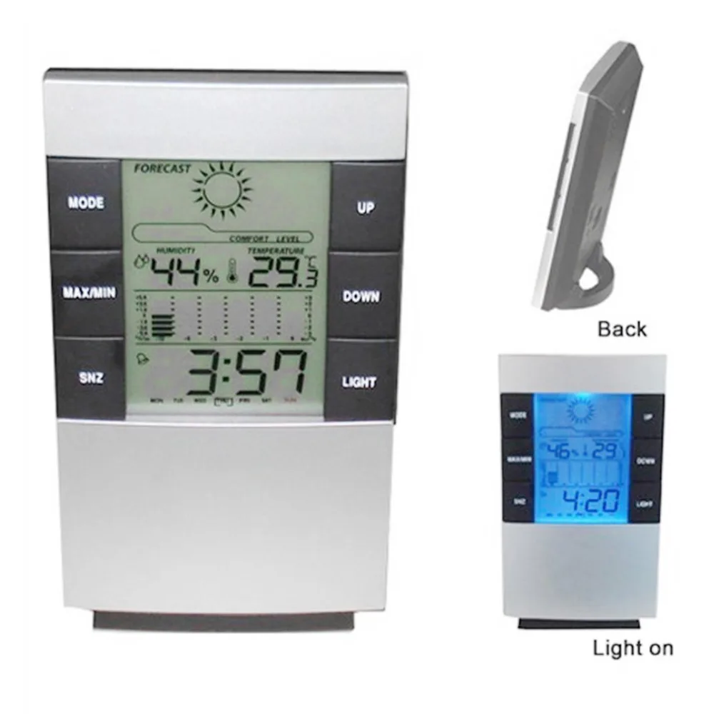 Digital Weather Forecast Station Alarm Clock Kids LCD Screen Temperature Humidity Backlight Monitor With Snooze Function