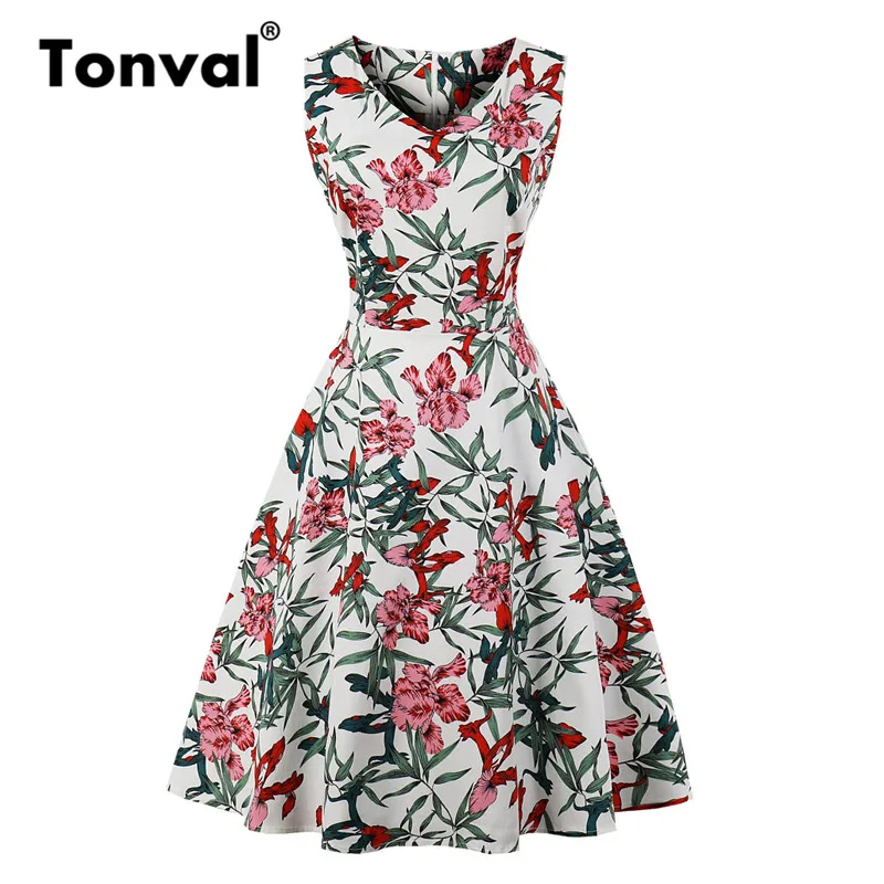 Günstige Tonval Rockabilly Vintage Navy Blau Floral EINE Linie Kleid Frauen V Neck Baumwolle Casual Kleid 2019 Retro Sommer Kleider