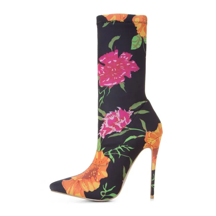 

newest winter boots for women Print flowers ankle boots pointed toe high heels boots 12 cm sexy Stretch boots short dress shoes