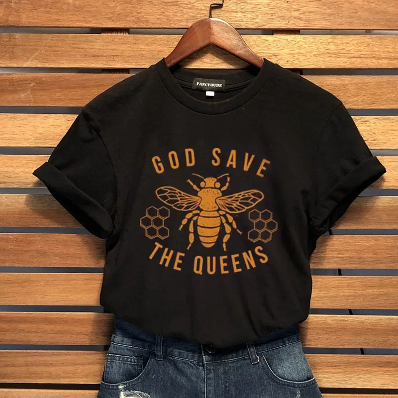 

God Save The Queens Print T shirt Women Cute Bee Graphic Tees 0-neck Short Sleeve Casual Tshirt Harajuku Women Summer T-shirts
