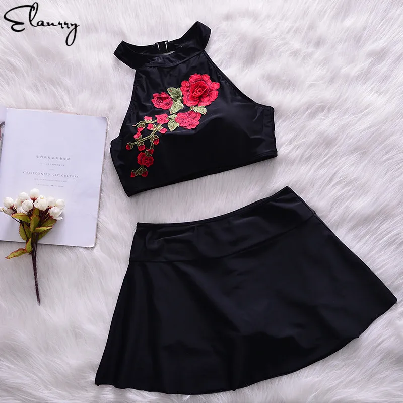 

2018 Newest High Neck Black Bikini Set Women Sexy Swimming Skirt Girls High Waisted Beach Wear Swimwear Bandage Ladies Swimsuit