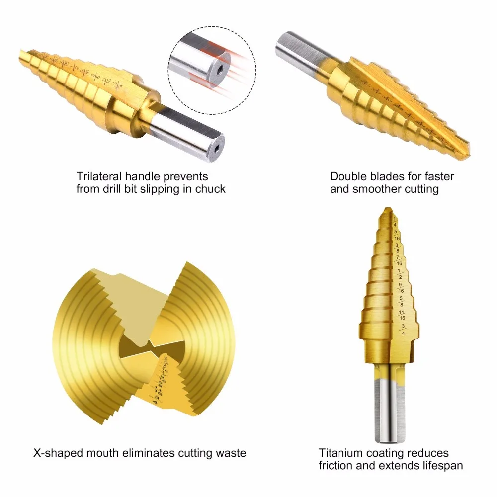 4pcs HSS Titanium Coated Step Drill Bit for Metal/ Wood Drilling hole +Automatic Center Punch 3/16